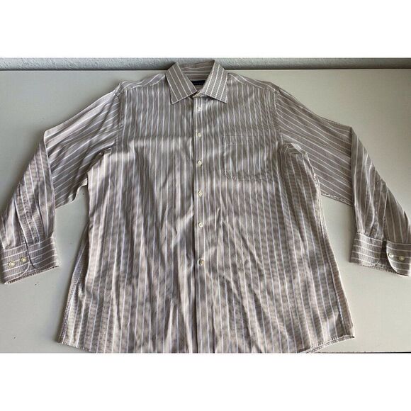Joseph Abboud Collared Long Sleeve Shirt Men’s 16 1/2 32/33 Beige Striped Retro - Picture 1 of 10